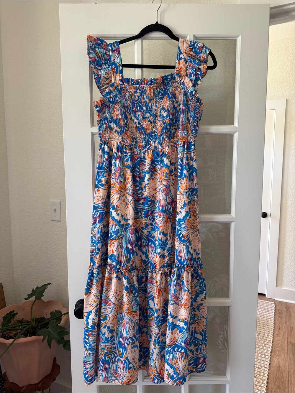 JODIFL Blue & Peach Floral Smocked Midi Dress